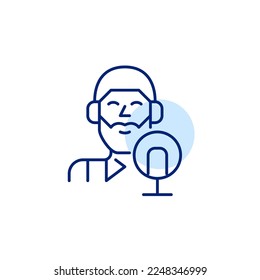 Smiling bearded guy in headphones making a podcast. Pixel perfect, editable stroke line icon