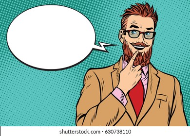 smiling bearded hipster businessman was up to something, a finger to her lips. Pop art retro vector illustration