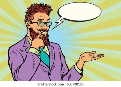 smiling bearded hipster promoter gesture of businessman. Pop art retro vector illustration