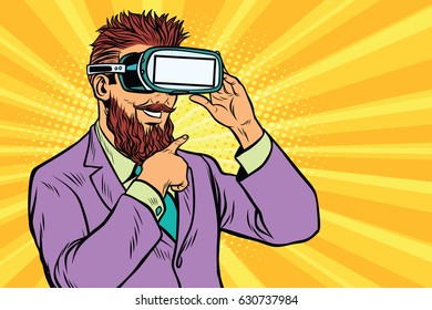 Smiling bearded hipsters in VR glasses. Pop art retro vector illustration