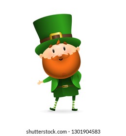 Smiling bearded leprechaun. Happy Irish man in green costume and hat showing something. Can be used for topics like Saint Patrick day, Ireland, holiday 