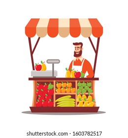 Smiling bearded male character working at farm shop isolated on white. Cartoon farmer man selling fresh fruit and vegetable at local market vector graphic illustration