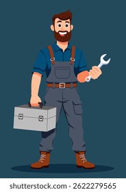 Mecânico profissional em macacão cinzento segurando chave e caixa de ferramentas, ilustração vetorial representando serviço técnico e confiabilidade