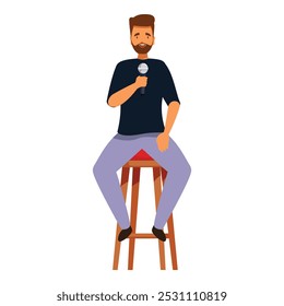 Smiling bearded man in casual clothes sitting on a high chair and speaking on a microphone