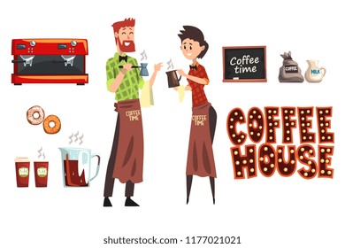 Smiling bearded man with cezve and woman barista with cup. Coffee shop workers wearing plaid shirts and aprons. Coffee maker, milk, donuts, cafe sign. Flat vector