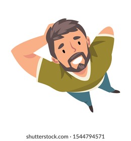 Smiling Bearded Man Character Looking Up, View from Above Vector Illustration