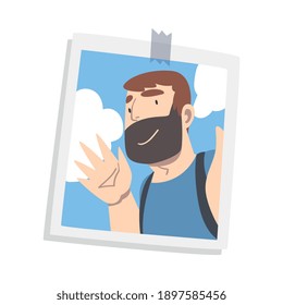 Smiling Bearded Man Face on Photographic Print or Selfie Picture Vector Illustration