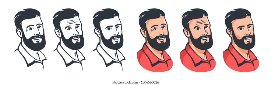 Smiling Bearded Man face set in vintage style. Male head with beard and stylish hairstyle retro avatar. Cartoon vector illustration.