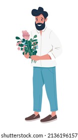 Smiling bearded man with floral arrangement semi flat color vector character. Standing figure. Full body person on white. Simple cartoon style illustration for web graphic design and animation
