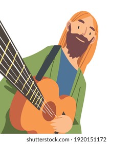 Smiling Bearded Man with Guitar Looking at Camera from Above Vector Illustration