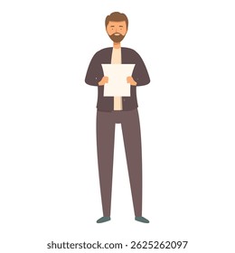 Smiling bearded man holding empty paper sheet, advertising, marketing, announcement concept