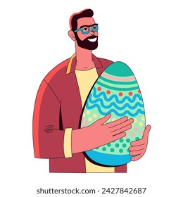 Smiling bearded man holding  huge painted Easter egg. Young man is preparing for Easter. Flat male character isolated on white background. Happy Easter. Vector illustration.