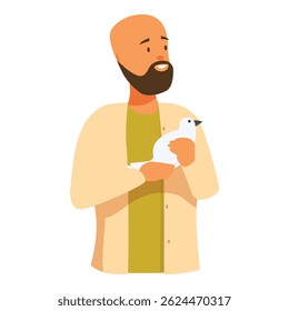 Smiling bearded man is holding a white dove, a symbol of peace and freedom