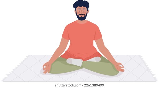 Smiling bearded man meditating on throw rug semi flat color vector character. Editable figure. Full body person on white. Simple cartoon style illustration for web graphic design and animation