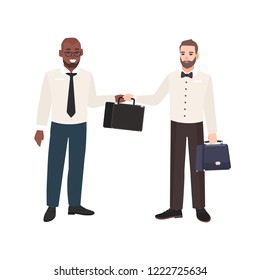 Smiling bearded man passing briefcase to his business partner isolated on white background. Scene with two office workers or clerks. Colorful vector illustration in modern flat cartoon style.
