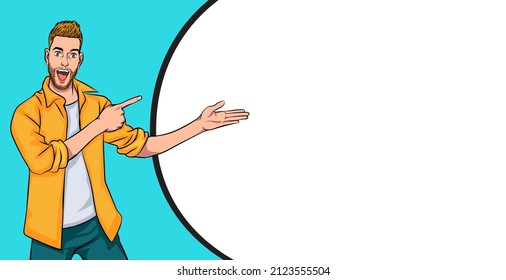 Smiling bearded man point and presenting with speech bubble Pop Art Comic Style