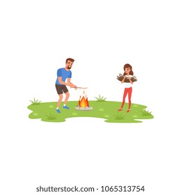 Smiling bearded man roasting sausage over campfire, young woman collected brushwood, people relaxing near bonfire vector Illustration on a white background