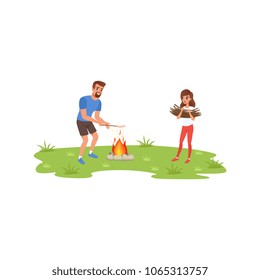 Smiling bearded man roasting sausage over campfire, young woman bringing brushwood, camper tourists relaxing at summer vacations vector Illustration on a white background