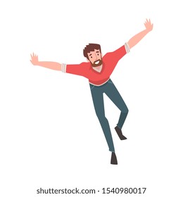 Smiling Bearded Man Running with Arms Outstretched, Happy Positive Person Character Vector Illustration