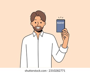 Smiling bearded man showing passport. Happy male citizen receive personal identification document. Official permanent residence and citizenship. Vector illustration.