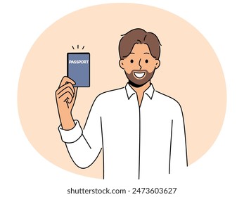 Smiling bearded man showing passport. Happy male citizen receive personal identification document. Official permanent residence and citizenship. Vector illustration.