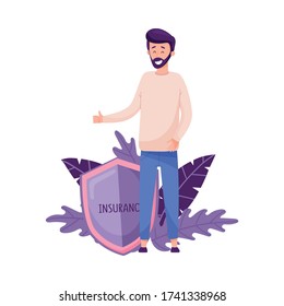 Smiling Bearded Man Standing Beside the Shield and Showing Thumb Up Vector Illustration