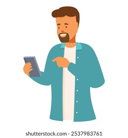 Smiling bearded man using smartphone browsing internet holding mobile phone in hand