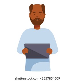 Smiling bearded man using tablet pc wearing blue shirt