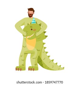 Smiling Bearded Man Wearing Dinosaur Costume as Birthday Costume Vector Illustration