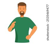 Smiling bearded man wearing a green shirt is pointing his finger to the side