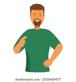 Smiling bearded man wearing a green shirt is pointing his finger to the side