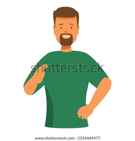 Smiling bearded man wearing a green shirt is pointing his finger to the side