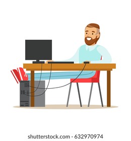 Smiling bearded man working on a computer at his desk, colorful character vector Illustration