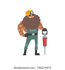 Smiling bearded miner with jackhammer