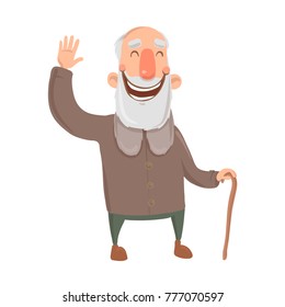 Smiling bearded old man with cane waves hand. Happy grey-haired elderly man greets. Cartoon character vector illustration. Isolated image on white background.