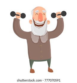 Smiling bearded old man with dumbbells. Active elderly man exercises. Cartoon character vector illustration. Isolated image on white background.