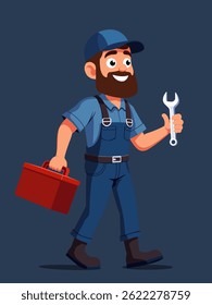Um mecânico amigável em boné azul e macacão segura uma caixa de ferramentas e chave vermelha, pronto para o trabalho de reparo, ilustração vetorial no fundo azul escuro.