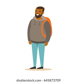 Smiling bearded young black man in a grey hoodie with backpack. Colorful cartoon character vector Illustration