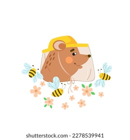 Smiling bear's head in profile in beekeeper's hat, swarm of bees in a flower meadow. Concept of bee apiary and honey harvesting. Cute vector illustration in flat style. 