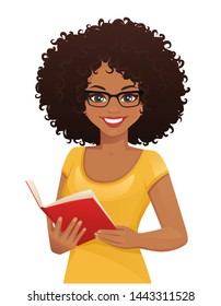 Smiling beatiful woman with afro hairstyle holding book isolated vector illustration