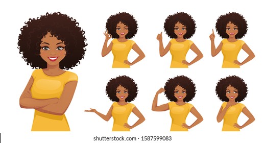 Smiling beatiful woman with afro hairstyle set different gestures vector illustration isolated