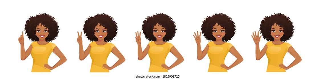 Smiling beatiful woman with afro hairstyle pointing up. One, two, three, four, five fingers isolated vector illustration svg