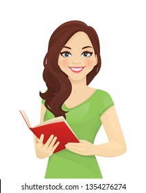 Smiling beatiful woman with curly hairstyle holding book isolated vector illustration