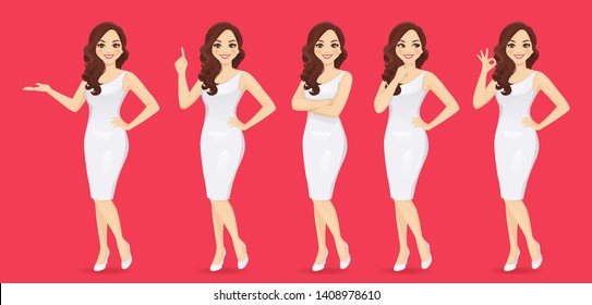 Smiling beatiful woman with curly hairstyle in dress set with different gestures isolated vector illustration