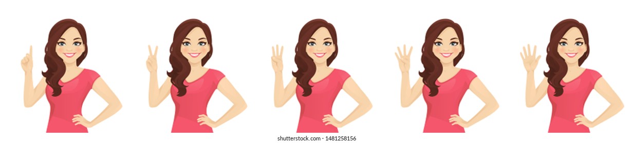 Smiling beatiful woman with curly hairstyle pointing up. One, two, three, four, five fingers isolated vector illustration