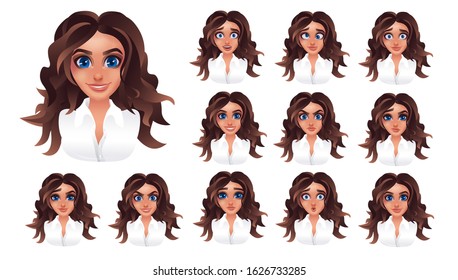 Smiling beatiful woman with curly hairstyle set. Female character avatar face emotion constructor, head, lips, nose and eyes. Vector illustration set of facial elements cartoon style