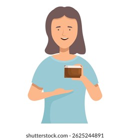 Smiling beautician is holding a jar of cosmetic cream and gesturing with her hand