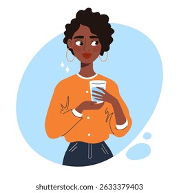 Smiling beautiful black woman with a glass of water in her hands. Concept of hydration, healthy lifestyle, and daily self-care. Perfect for wellness blogs, apps. Flat vector illustration