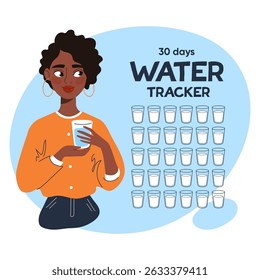 Smiling beautiful black woman with a glass of water in her hands. Concept of hydration, healthy lifestyle, and daily self-care. Perfect for wellness blogs, apps. Flat vector illustration