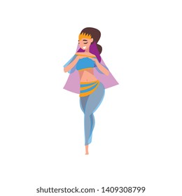 Smiling Beautiful Eastern Girl Dancing Belly Dance, Oriental Indian or Arabic Dancer Character in Traditional Costume Vector Illustration
